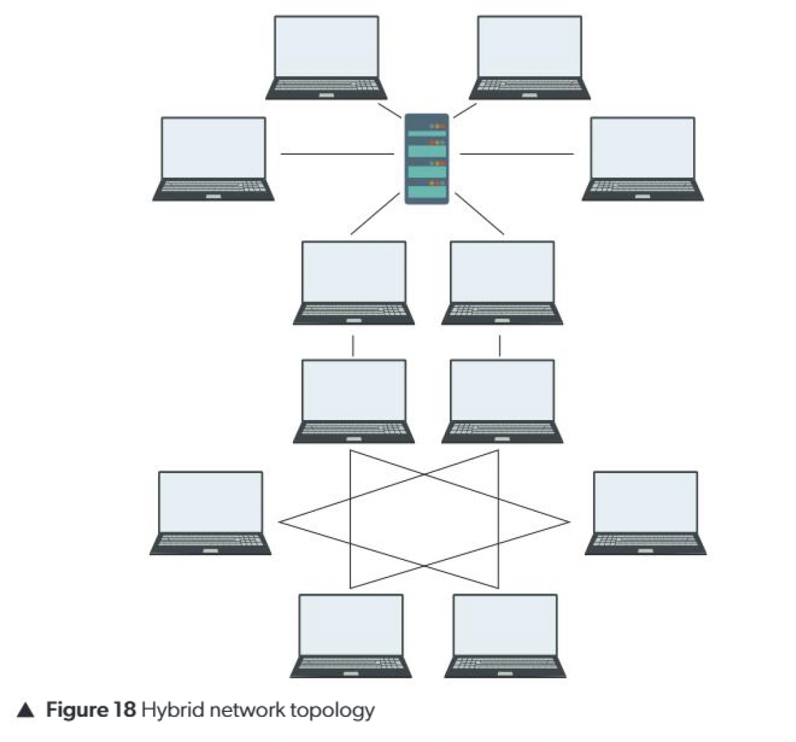 Hybrid topology combining star, tree, and mesh arrangements in one network.