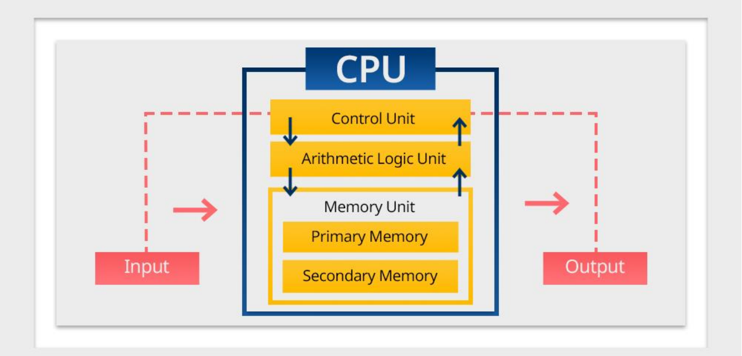 CPU block diagram showing the control unit, arithmetic logic unit, primary and secondary memory, input, and output.
